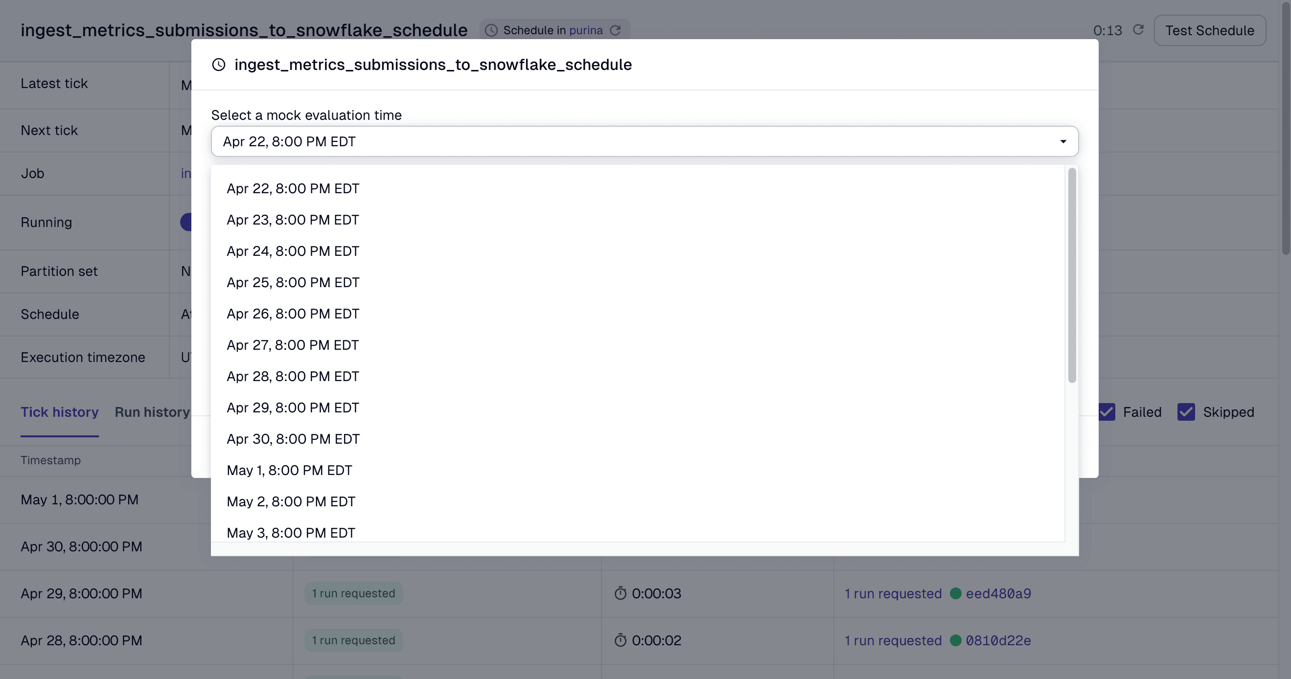 Selecting a mock evaluation time for a schedule in the Dagster UI