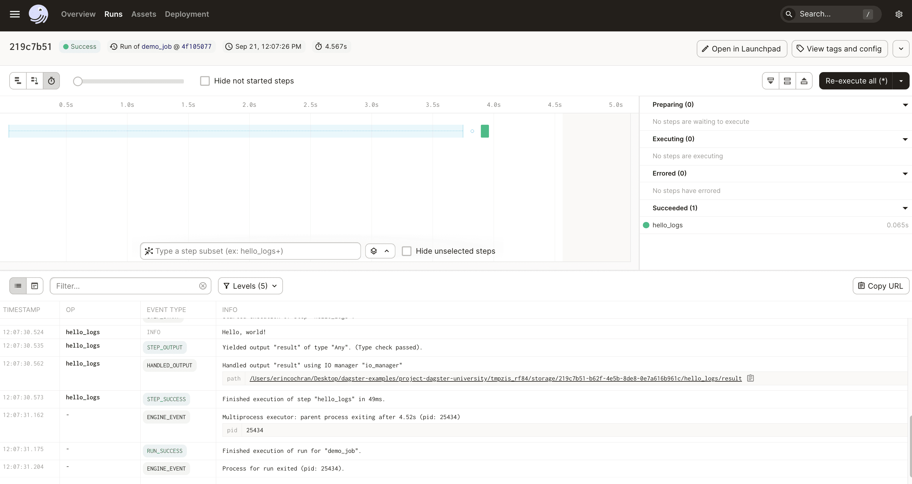 Real time logs in the Dagster UI