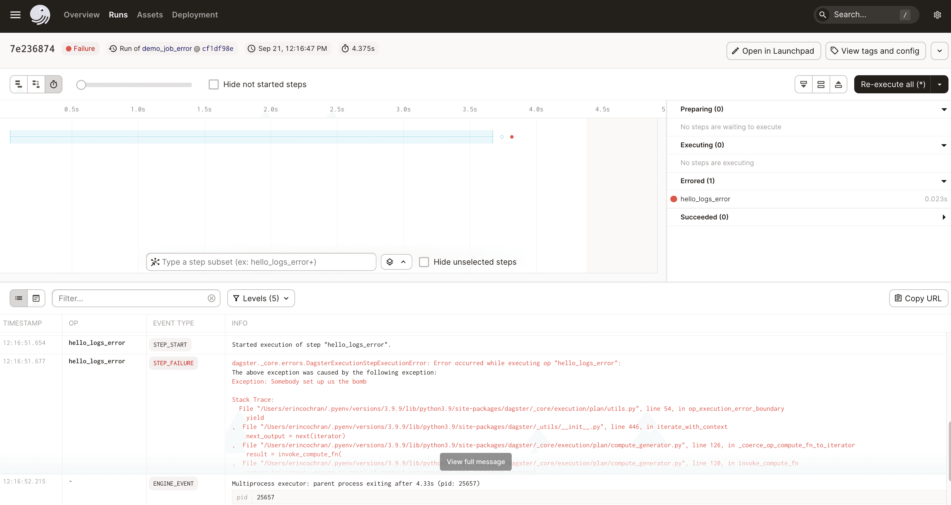 ERROR level in logs in the Dagster UI